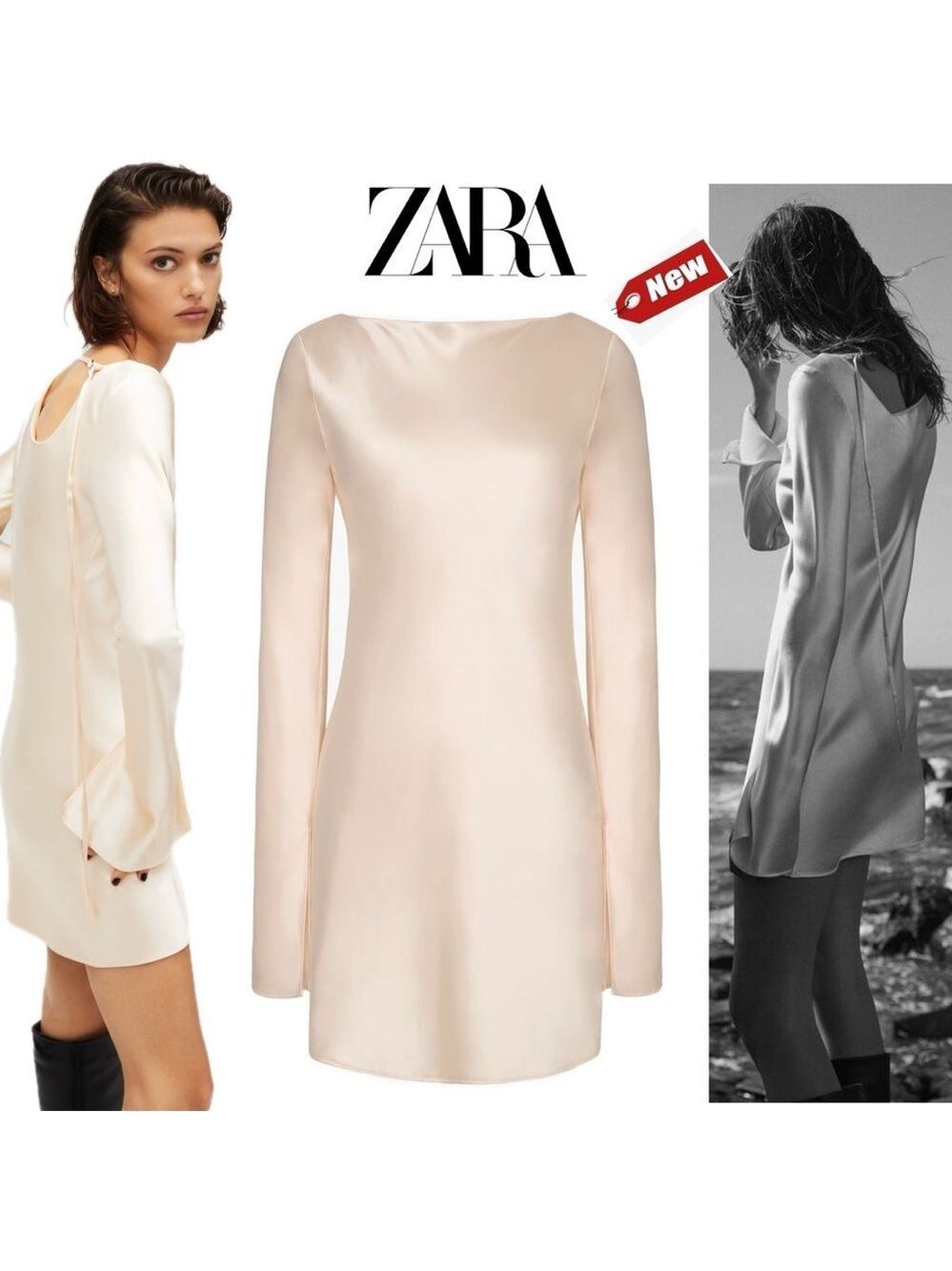 Kaia Gerber X Zara collection collaboration cream satin effect long sleeve dress